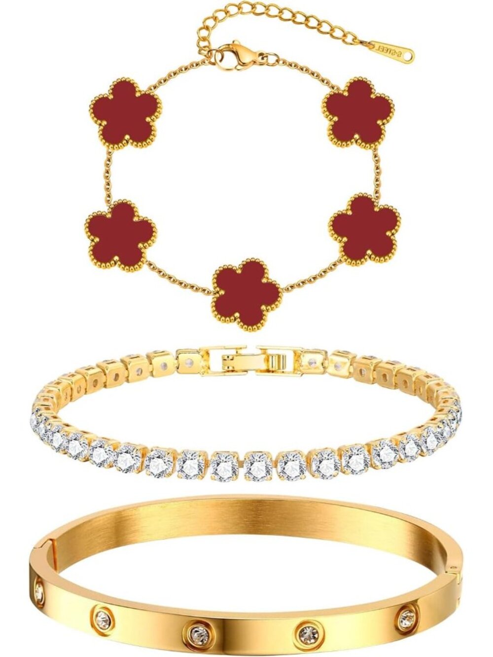 Womens Red Stackable Floral Gold Bracelets - 3Pcs 18K Gold Plated Bracelet